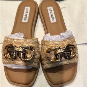 Steve Madden Tan Slide Sandals with Gold Accent